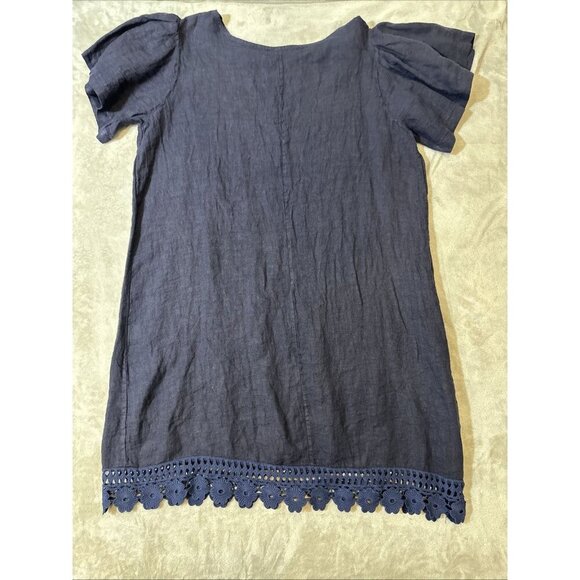 Bellambia 100% Linen Dress Size 2X Plus Short Sleeve Navy Blue Crochet Hem Boho - Picture 12 of 14
